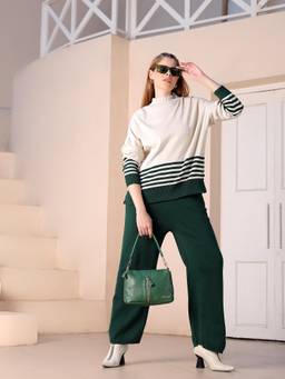 Kvetoo - Women Green High Neck Sweater Co-Ord Set