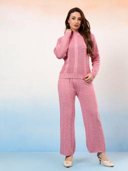 Kvetoo - Women Pink High Neck Sweater Co-Ord Set