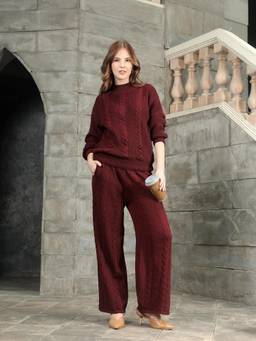 Kvetoo - Women Wine High Neck Sweater Co-Ord Set