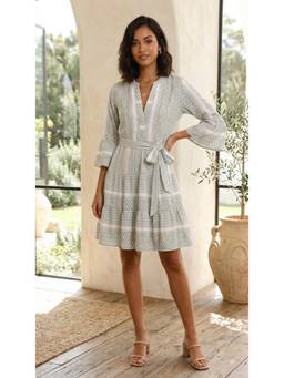 NOBARR - Women'S Green Polyester Printed A-Line Dress with Belt