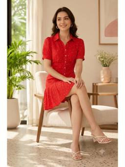 NOBARR - Women'S Red Printed Shirt Style Mini Dress