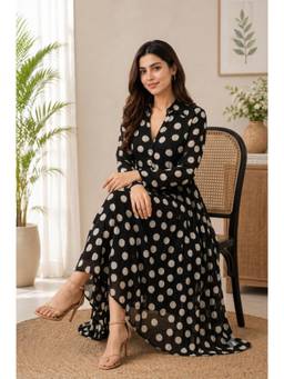 NOBARR - Women's Black Polka Dot Printed Flared Midi Dress