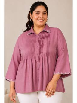Indietoga Plus Size - Women Plus Size Purple Embroidered Pleated Shirt