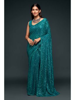 Trendmalls - Women Morpeach Heavy Georgette Sequins Work Saree with Unstitched Blouse