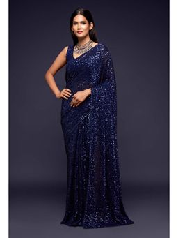 Trendmalls - Women Navyblue Heavy Georgette Sequins Work Saree with Unstitched Blouse