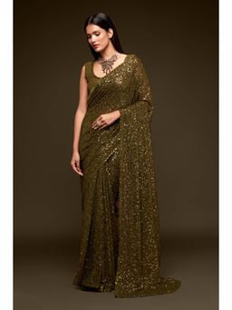 Trendmalls - Women Mehndi Heavy Georgette Sequins Work Saree with Unstitched Blouse