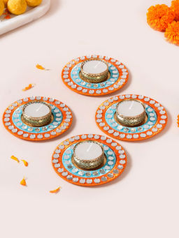 Nestasia - Mirror Detailed Blue and Orange Tea Light Holders (Set Of 4)