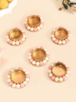 Nestasia - Faux Pearl Bordered Pink Beads Candle Holders (Set Of 6)