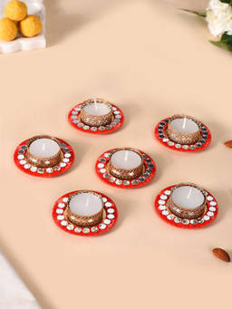 Nestasia - Red Mirror Work Tea Light Holders (Set Of 6)