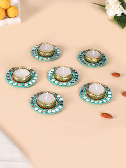 Nestasia - Teal Mirror Work Tea Light Holders (Set Of 6)