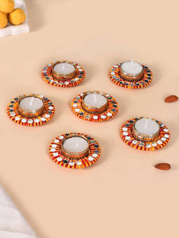 Nestasia - Multi-Color Mirror & Thread Work Tealight Holders (Set Of 6)