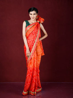 EXCLUSIVA - Orange Printed Chiffon Saree with Unstitched Blouse
