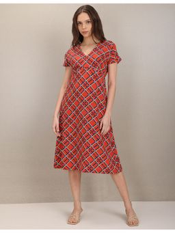 U.S. POLO ASSN. - Rust V-Neck Geometric Print Empire Waist Dress