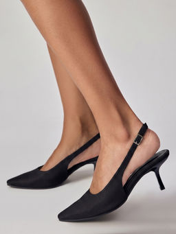 Twenty Dresses by Nykaa Fashion - Black Textured Pointed Toe Slingback Mule Heels for Women