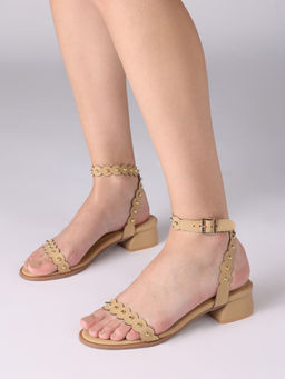 Twenty Dresses by Nykaa Fashion - Women Khaki Round Toe Studded Scalloped Block Heel Sandals