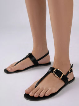 Twenty Dresses by Nykaa Fashion - Black Round Toe Metal Buckle Detail T-Strap Flats For Women