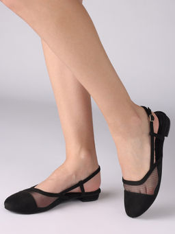 Twenty Dresses by Nykaa Fashion - Women Black Faux Suede Round Toe Slingback Sheer Mule Flats