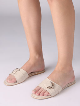 Twenty Dresses by Nykaa Fashion - Beige Square Toe Buckle Detail Slip On Flats for Women