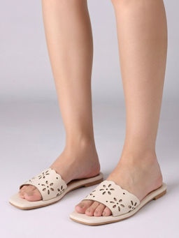 Twenty Dresses by Nykaa Fashion - Beige Floral Cut Out Detail Open Square Toe Flats For Women