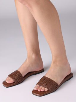 Twenty Dresses by Nykaa Fashion - Brown Woven Slip On Open Square Toe Flats For Women