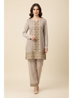 WINEBERRY - Cream Lycra Embroidered Co-Ord Set