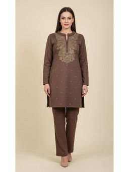 WINEBERRY - Brown Lycra Embroidered Co-Ord Set