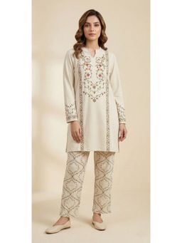 WINEBERRY - Cream Lycra Embroidered Co-Ord Set