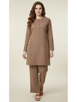 WINEBERRY - Brown Lycra Embroidered Co-Ord Set