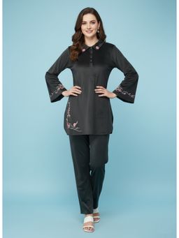 WINEBERRY - Black Lycra Embroidered Co-Ord Set