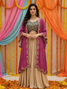 Chhabra 555 - Magenta Georgette Embroidered Crop-Top with Skirt with Cape
