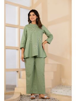 BAVARIA - Women Cotton Embroidered Green Kurta With Palazzo