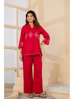 BAVARIA - Women's Cotton Embroidered Pink Kurta With Palazzo