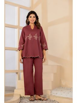 BAVARIA - Women Cotton Embroidered Wine Kurta With Palazzo
