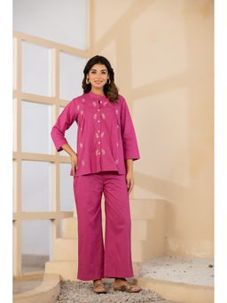 BAVARIA - Women Cotton Embroidered Pink Kurta With Palazzo