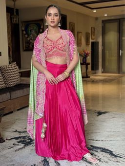 Chhabra 555 - Pink Georgette Embroidered Crop-Top with Skirt with Cape