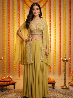 Chhabra 555 - Mustard Georgette Embroidered Crop-Top with Skirt with Cape