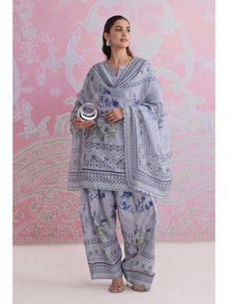 HOUSE OF KARI - Grey Printed Lawn Cotton Kurta And Palazzo With Dupatta