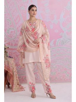 HOUSE OF KARI - Blush Beige Floral Printed Lawn Cotton Kurta And Palazzo With Dupatta