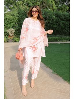 HOUSE OF KARI - Blush Pink Floral Printed Lawn Cotton Kurta And Palazzo With Dupatta