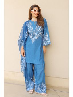 HOUSE OF KARI - Blue Printed Lawn Cotton Kurta And Palazzo With Dupatta