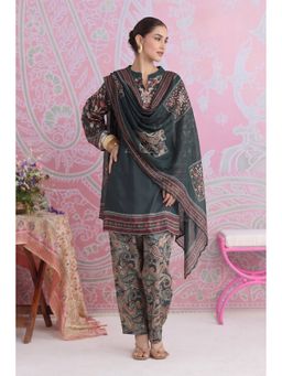 HOUSE OF KARI - Emerald Green Printed Shimmer Lawn Cotton Kurta And Palazzo With Dupatta