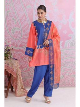 HOUSE OF KARI - Royal Blue Printed Lawn Cotton Kurta And Palazzo With Dupatta