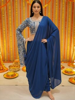 Chhabra 555 - Blue Georgette Embroidered Crop-Top with Dhoti Skirt and Dupatta