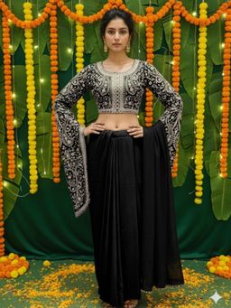 Chhabra 555 - Black Georgette Embroidered Crop-Top with Dhoti Skirt and Dupatta