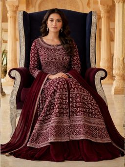 Chhabra 555 - Maroon Georgette Embroidered Kurta with Skirt and Dupatta
