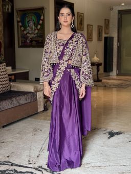 Chhabra 555 - Purple Embroidered Crop-Top and Skirt with Pre-Draped Dupatta and Shrug
