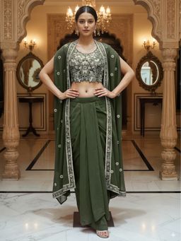 Chhabra 555 - Green Georgette Embroidered Crop-Top with Dhoti Skirt with Shrug