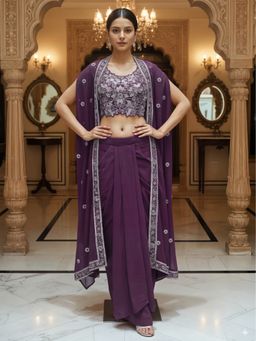 Chhabra 555 - Purple Georgette Embroidered Crop-Top with Dhoti Skirt with Shrug