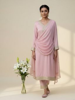 Meeta's - Pink Cotton Silk Embroidered Kurta with Pant and Dupatta