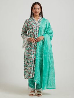 Meeta's - Green Cotton Printed Kurta with Pant and Dupatta